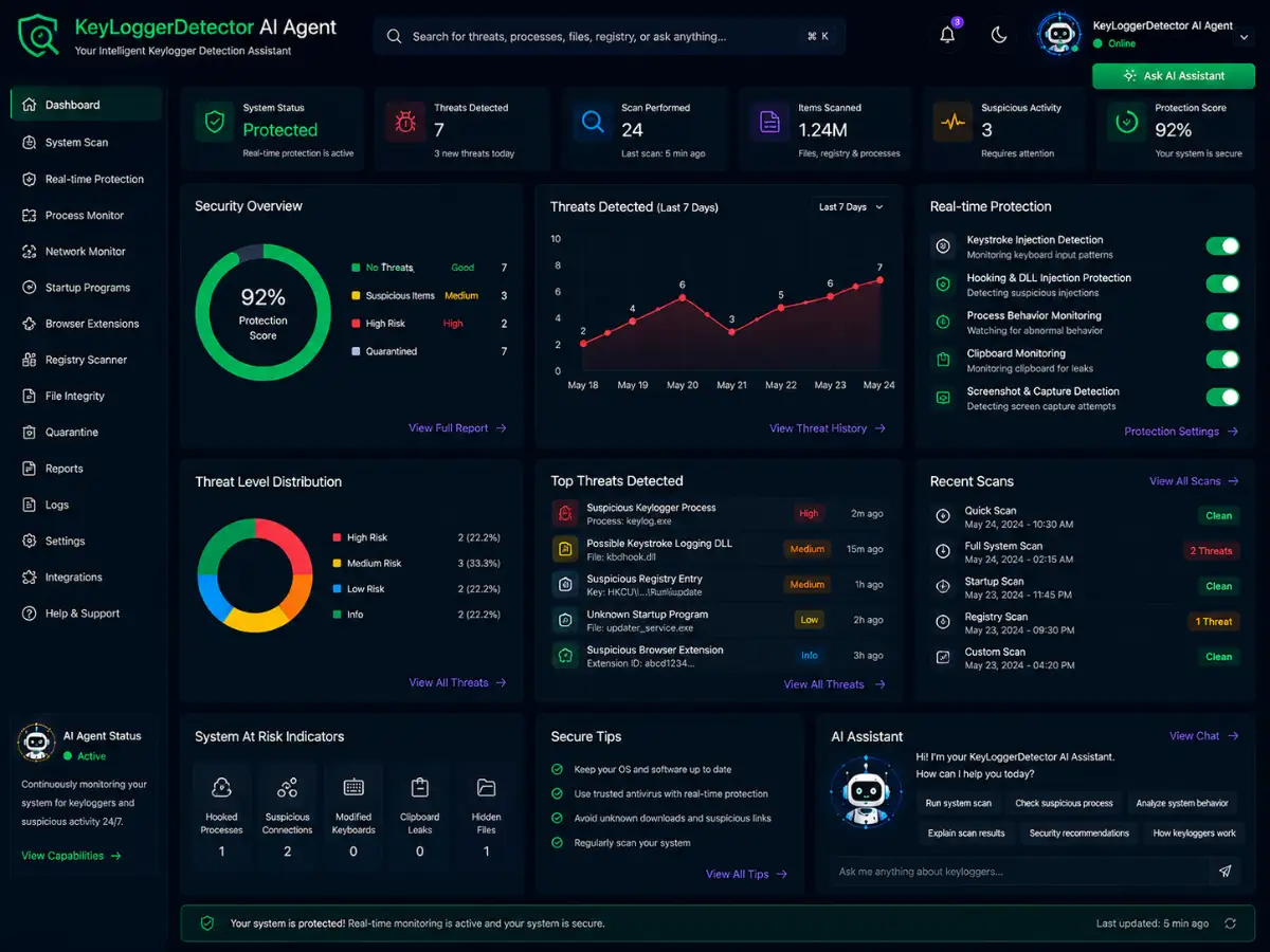 keyloggerdetector.app AI keylogger detector app — training dashboard preview